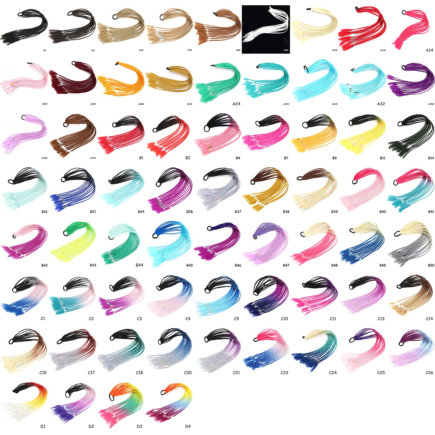 Synthetic Colored Braided Ponytail Hair Extension Rainbow Color Braids Pony Tail With Elastic Band Girl's Pigtail