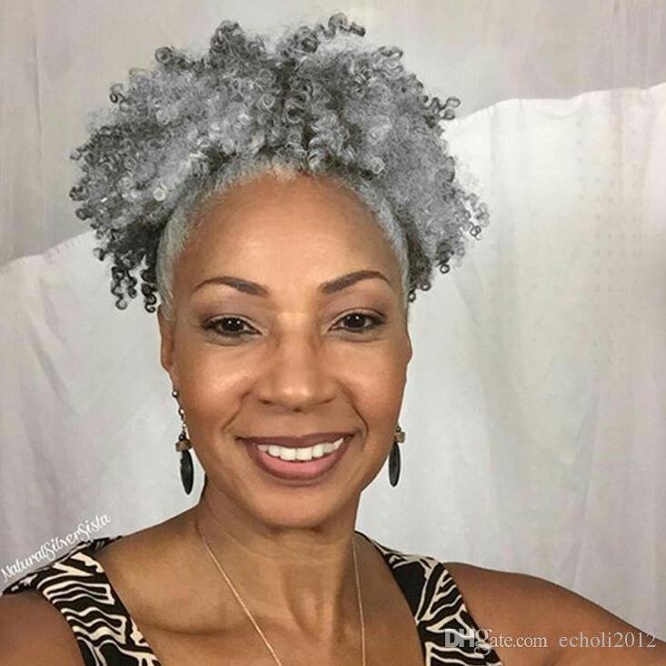 Salt &pepper Silver grey 100% Brazilian virgin Human Hair short high puff updo chigon gray Kinky Curly hair ponytail 120g