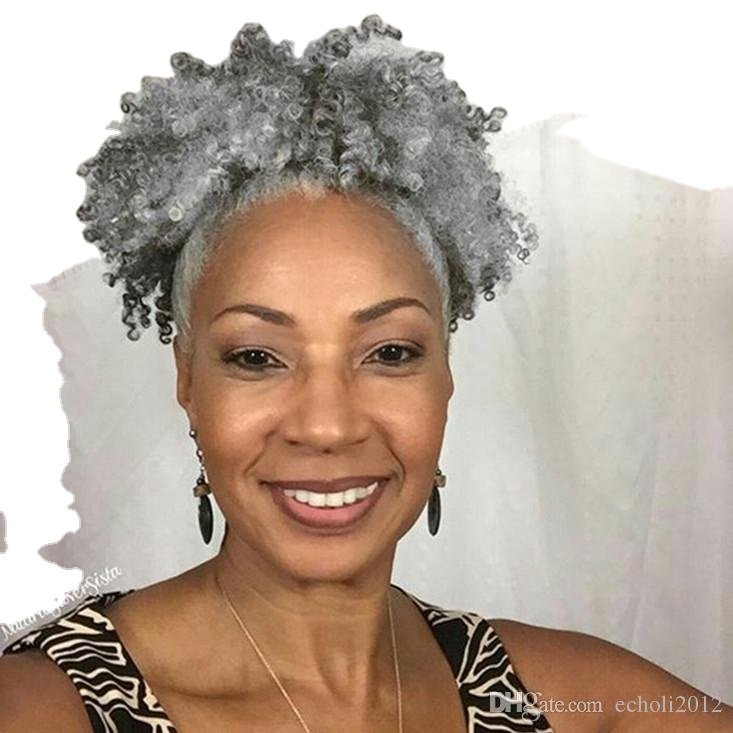 Salt &pepper Silver grey 100% Brazilian virgin Human Hair short high puff updo chigon gray Kinky Curly hair ponytail 120g