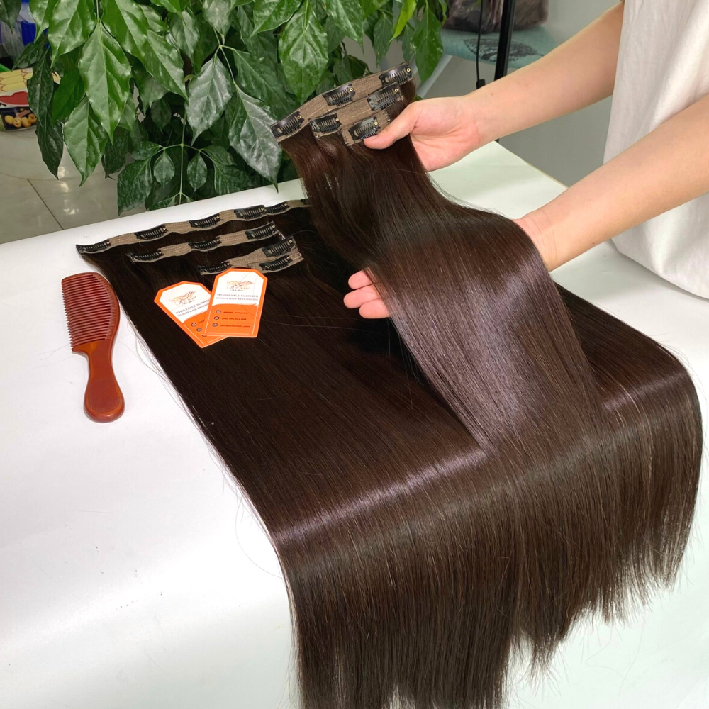 High Quality 100% Remy Clip in Human Hair Extensions Brown Color Made From Vietnamese Raw Hair