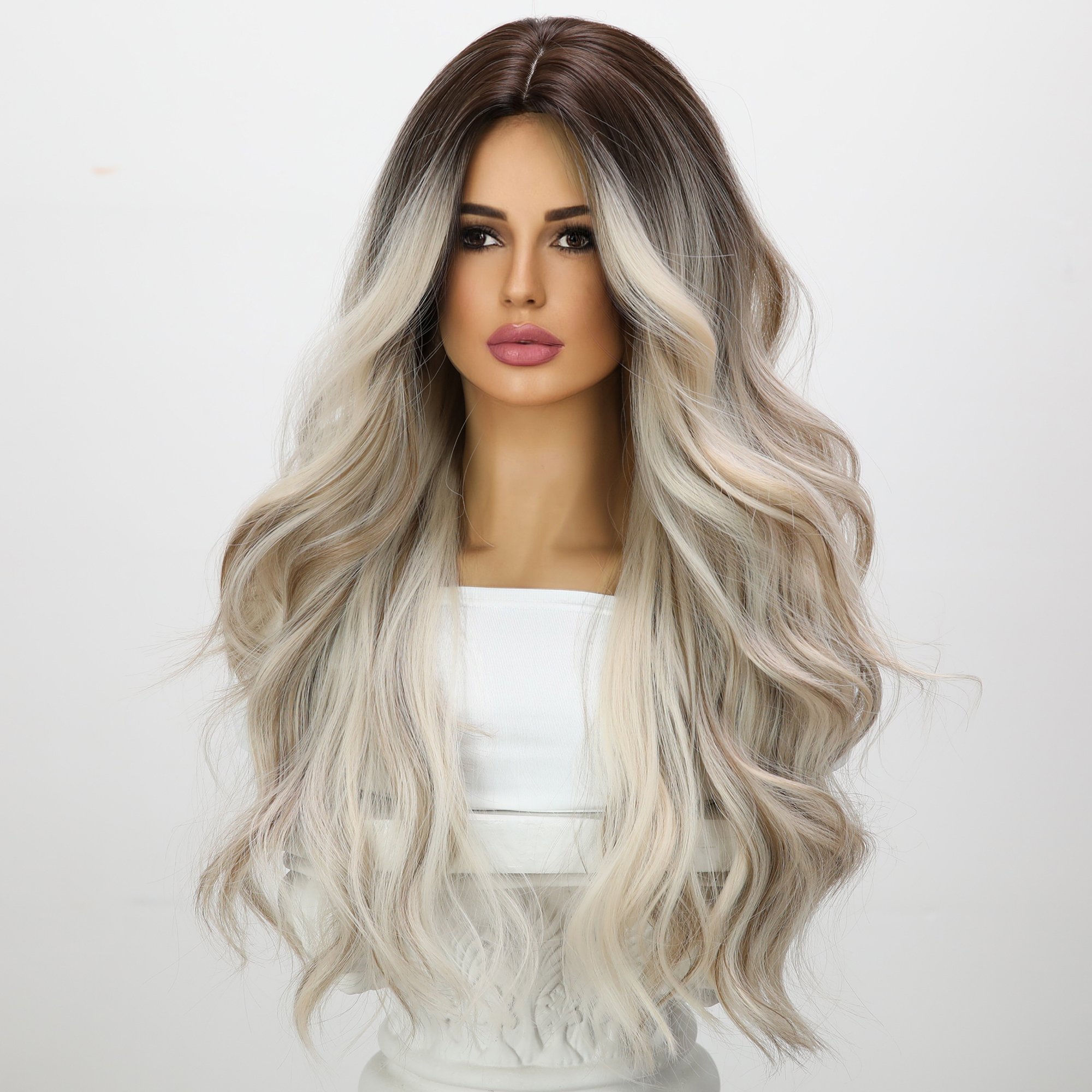 2024 European and American fashion hair synthetic wig gold gradient highlights curly hair wig