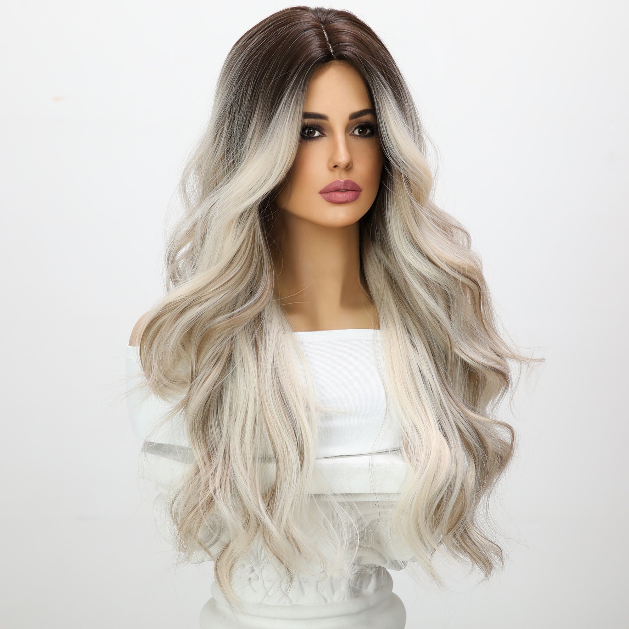 2024 European and American fashion hair synthetic wig gold gradient highlights curly hair wig