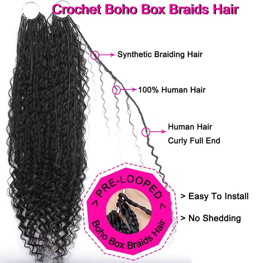 Crochet Boho Box Braids With Human Hair Curls Pre Looped Box Braids Full Ends Hair Extensions For Women Natural Color