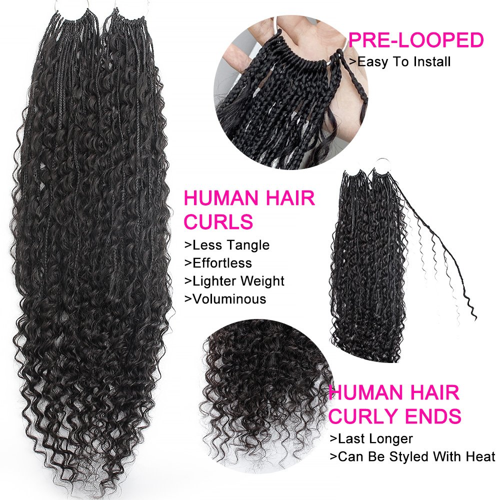 Crochet Boho Box Braids With Human Hair Curls Pre Looped Box Braids Full Ends Hair Extensions For Women Natural Color