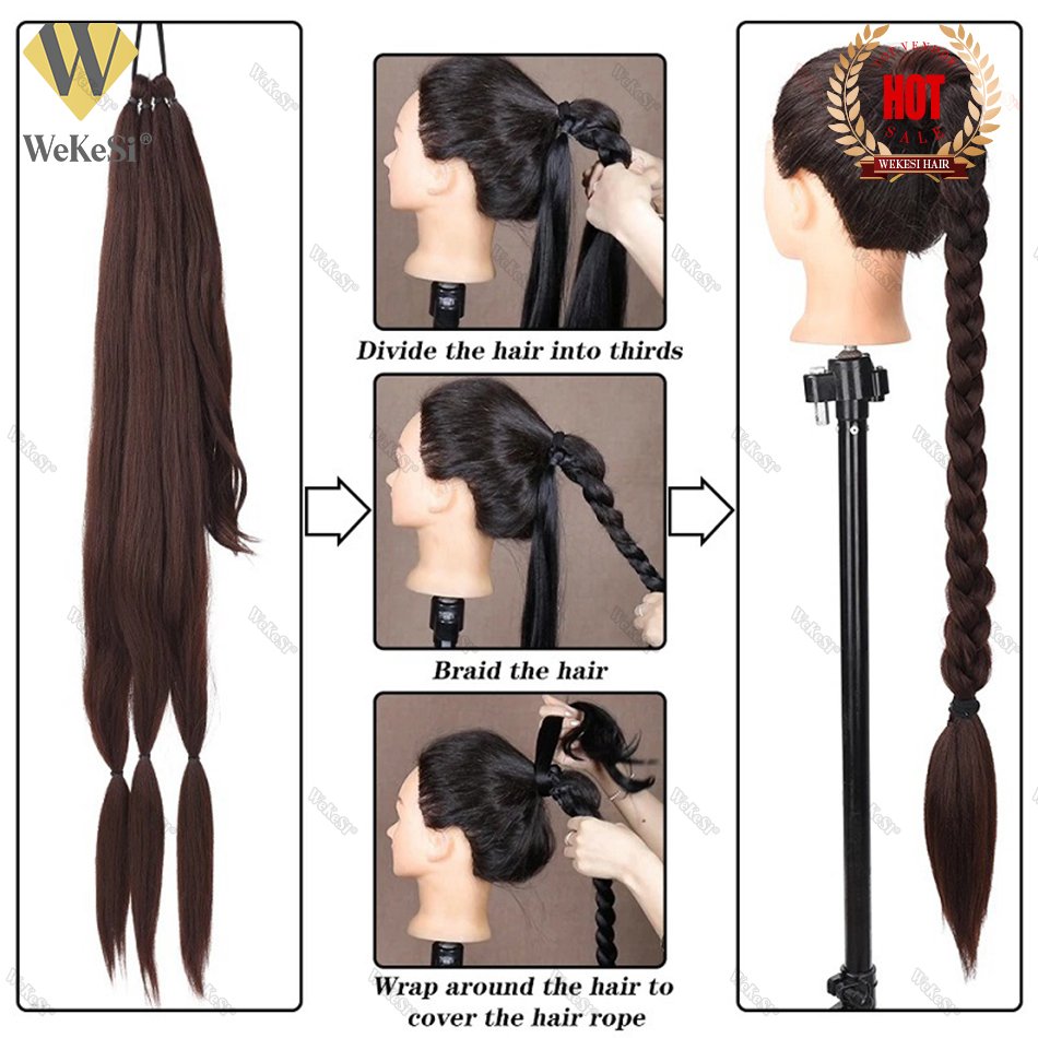 Synthetic Braided Ponytail Extensions Long Black Rubber Band Hairpiece Pony Tail with Hair Tie for Women High Temperature Fiber