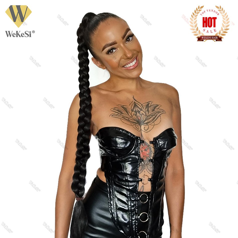 Synthetic Braided Ponytail Extensions Long Black Rubber Band Hairpiece Pony Tail with Hair Tie for Women High Temperature Fiber