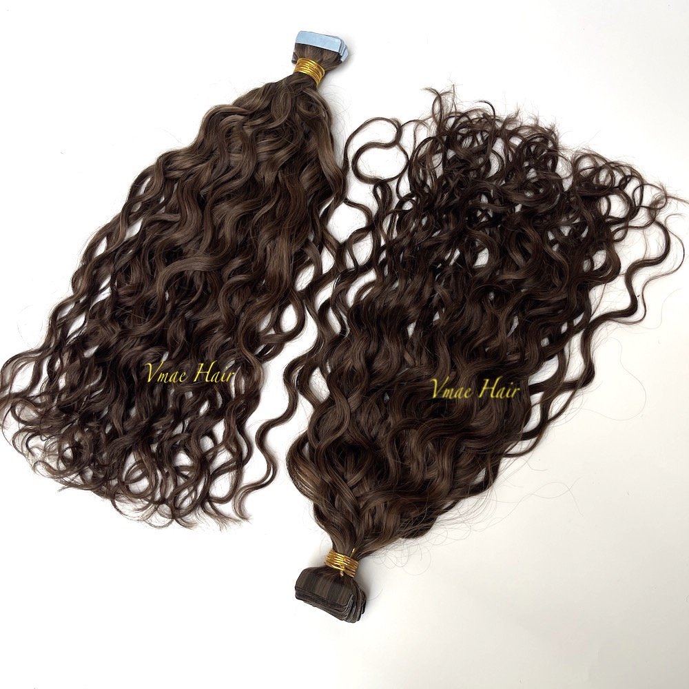 Vmae Wholesale Virgin Remy Raw Indian Hair Piano Color #2 #4 Natural Wave Wavy Raw Tape Ins Extensions Human Hair