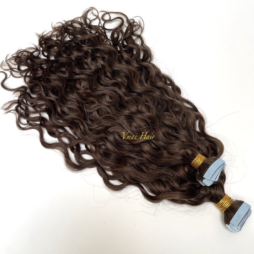 Vmae Wholesale Virgin Remy Raw Indian Hair Piano Color #2 #4 Natural Wave Wavy Raw Tape Ins Extensions Human Hair