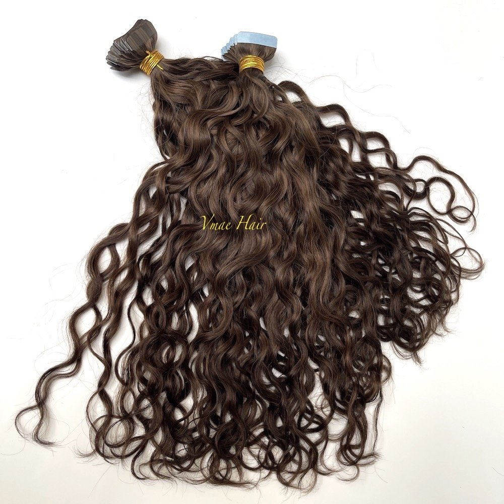 Vmae Wholesale Virgin Remy Raw Indian Hair Piano Color #2 #4 Natural Wave Wavy Raw Tape Ins Extensions Human Hair