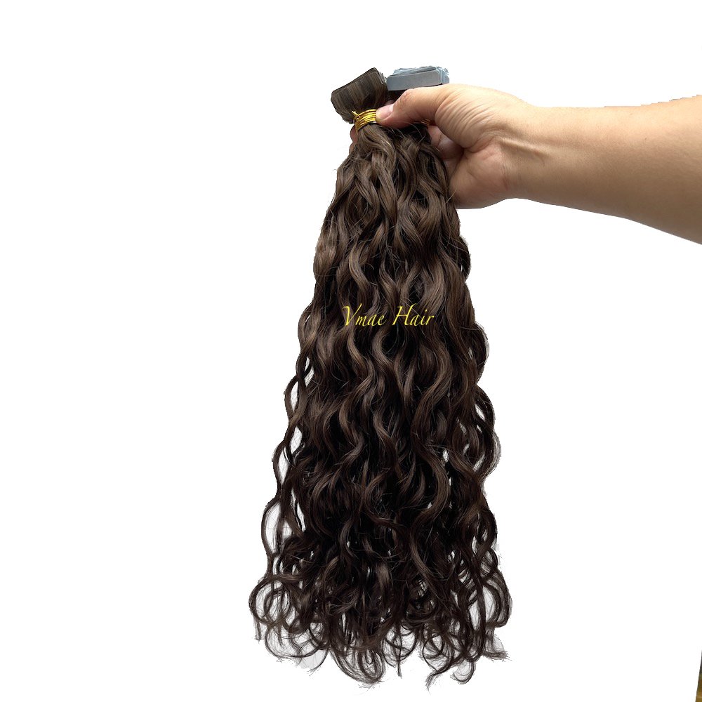 Vmae Wholesale Virgin Remy Raw Indian Hair Piano Color #2 #4 Natural Wave Wavy Raw Tape Ins Extensions Human Hair