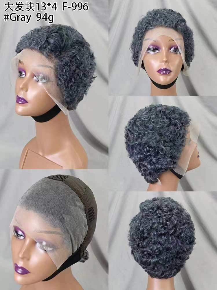 Letsfly Summer Hair Short Cut curly Wigs 100% Human Hair 13x4 Lace Frontal Wigs Gray Color Highlight Human Hair Extension