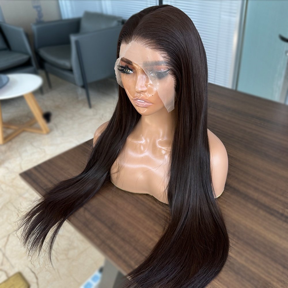 13x6 Long Silky Straight #6 Dark Brown Color Synthetic Hair Wigs For Black Women Heat Resistant Synthetic Lace Front Wigs
