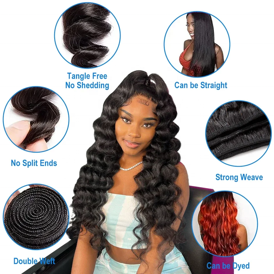 100% Raw Unprocessed Virgin Cuticle Aligned Human Hair Extensions, Peruvian Bulk Hair Loose Wave Bundles With Lace Closure