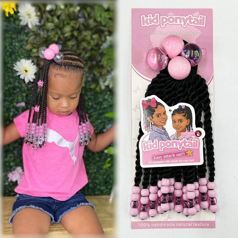 Vivian kids hair ballies extension with bow and beads kids hair beads accessories kids braided ponytail for girls
