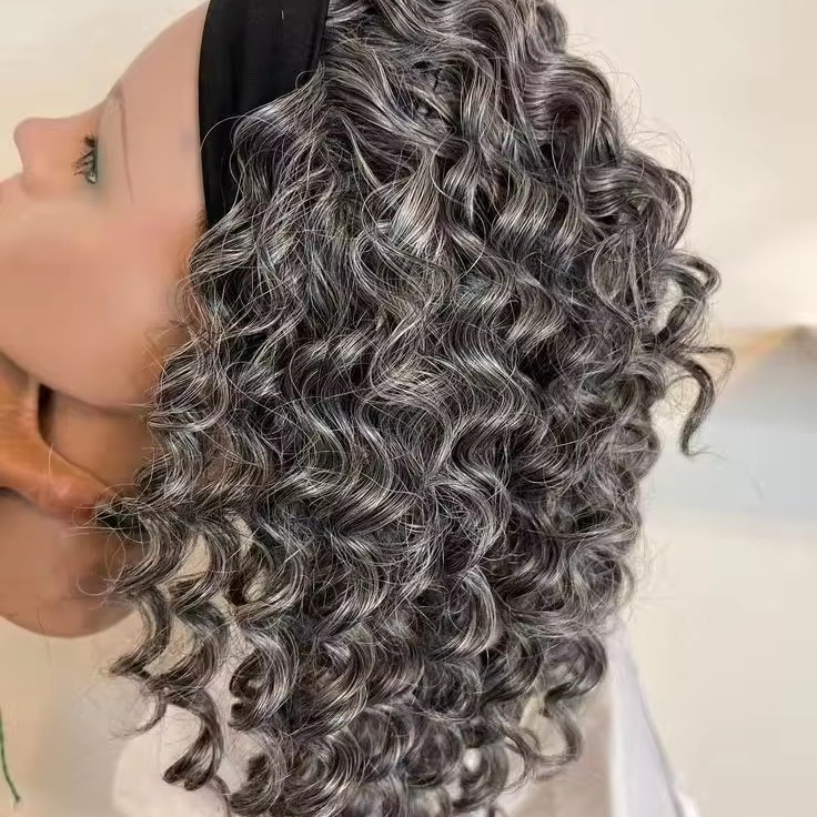 Kinky Curly gray Wig salt and pepper Human Hair Headband Wig Short Curly Full Machine Made Human Hair Wig With Headband