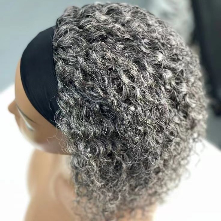 Kinky Curly gray Wig salt and pepper Human Hair Headband Wig Short Curly Full Machine Made Human Hair Wig With Headband