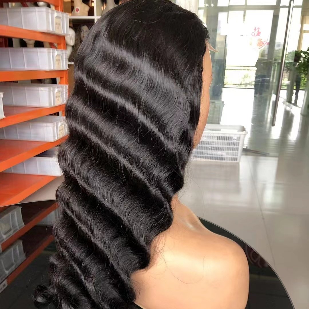 Amara high quality 100%raw virgin human hair wig deep wave 4*4 transparent lace for glueless with Elastic band black 1b in stock