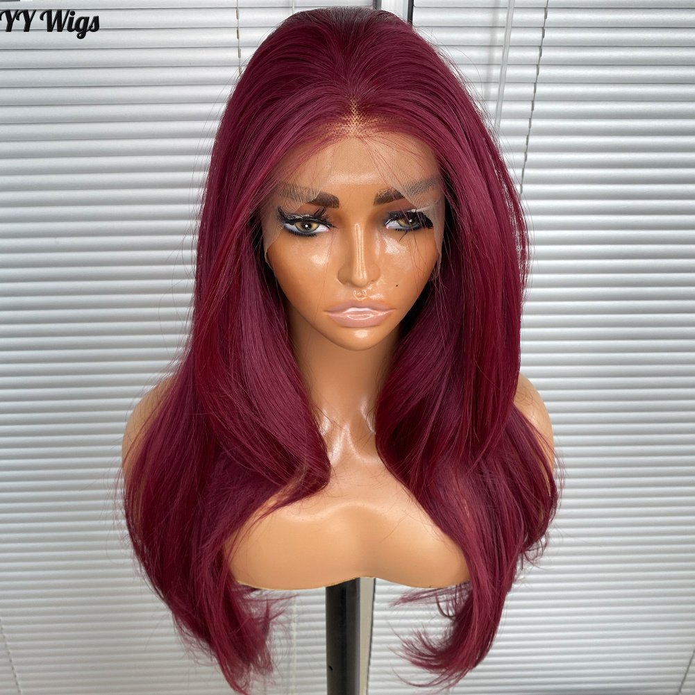 39# Burgundy Futura Synthetic Hair Lace Front Short Silky Straight Bangs Heat Resistant Half Hand Tied High Fiber Long 18 Inches