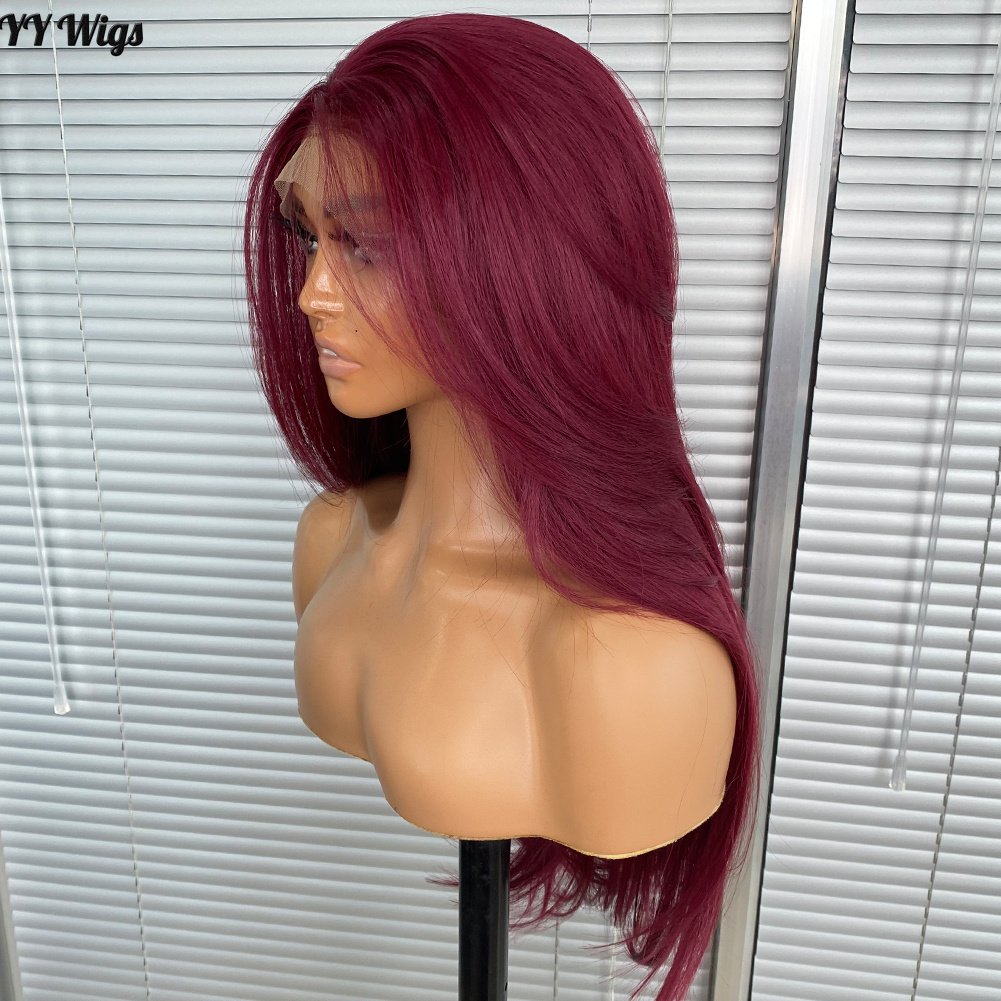 39# Burgundy Futura Synthetic Hair Lace Front Short Silky Straight Bangs Heat Resistant Half Hand Tied High Fiber Long 18 Inches