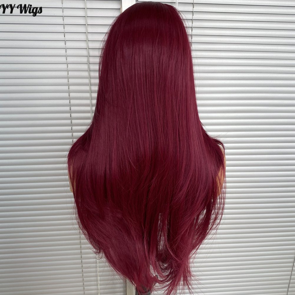 39# Burgundy Futura Synthetic Hair Lace Front Short Silky Straight Bangs Heat Resistant Half Hand Tied High Fiber Long 18 Inches