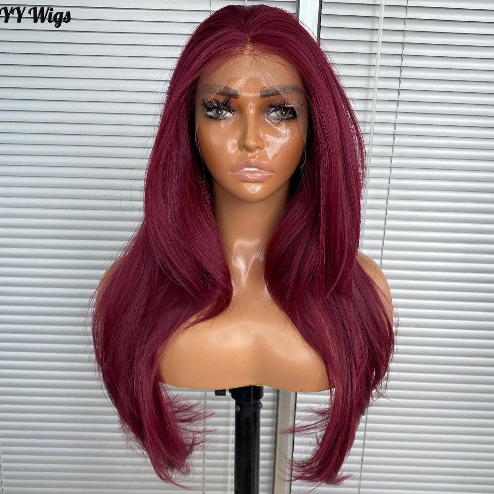 39# Burgundy Futura Synthetic Hair Lace Front Short Silky Straight Bangs Heat Resistant Half Hand Tied High Fiber Long 18 Inches