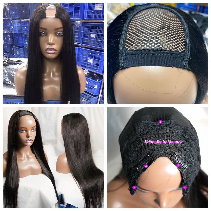 Cheap Glueless No Lace Super Natural Look Brazilian Remy Hair Straigh Body Wave U Part Human Hair Wigs