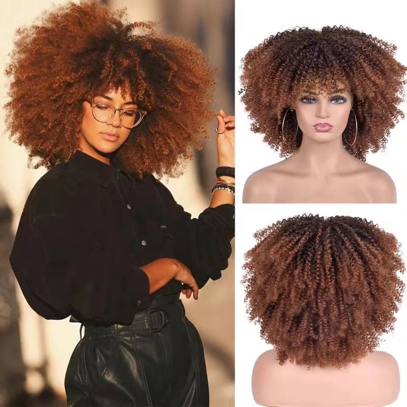 WH-03QT Afro Kinky Curly Wigs Short for Black Heat Resistant African Synthetic Ombre Glueless Cosplay with Bangs Women Support