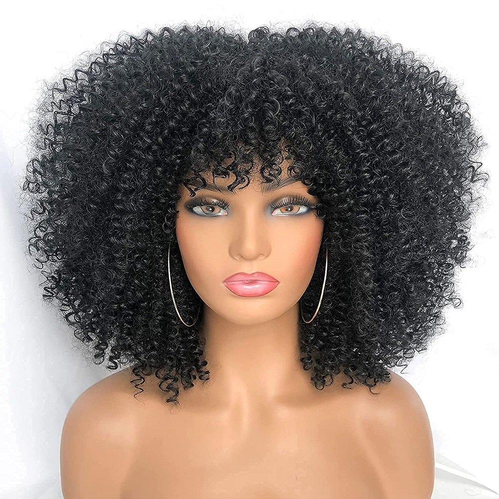 WH-03QT Afro Kinky Curly Wigs Short for Black Heat Resistant African Synthetic Ombre Glueless Cosplay with Bangs Women Support