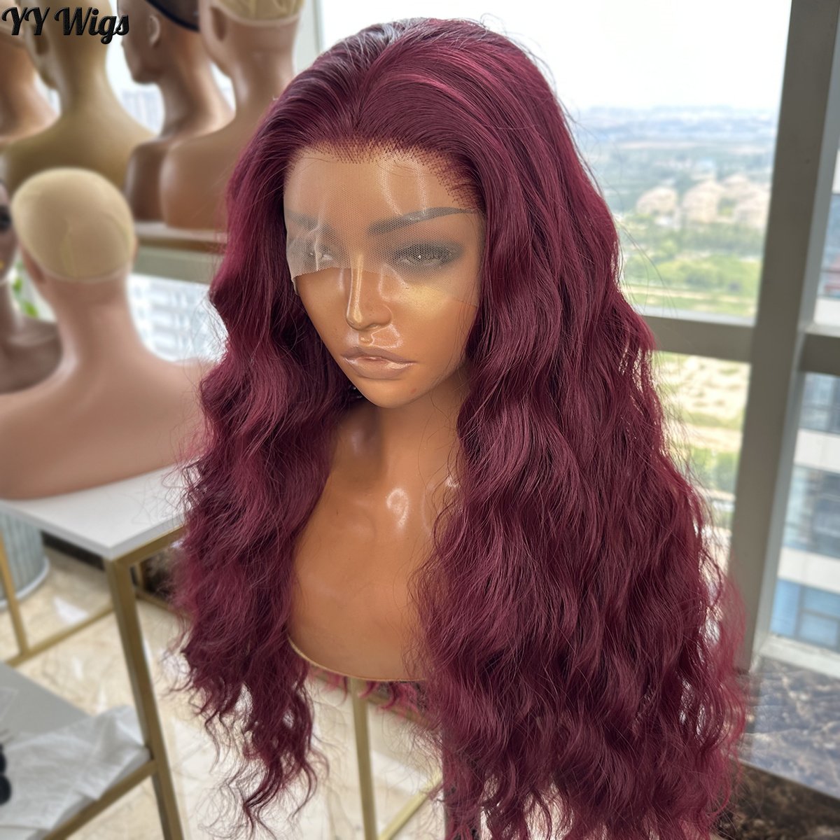 39# Burgundy Futura Synthetic Glueless Lace Front Wig Long Loose Wave Heat Resistant Half Hand Tied Red Wigs for Black Women