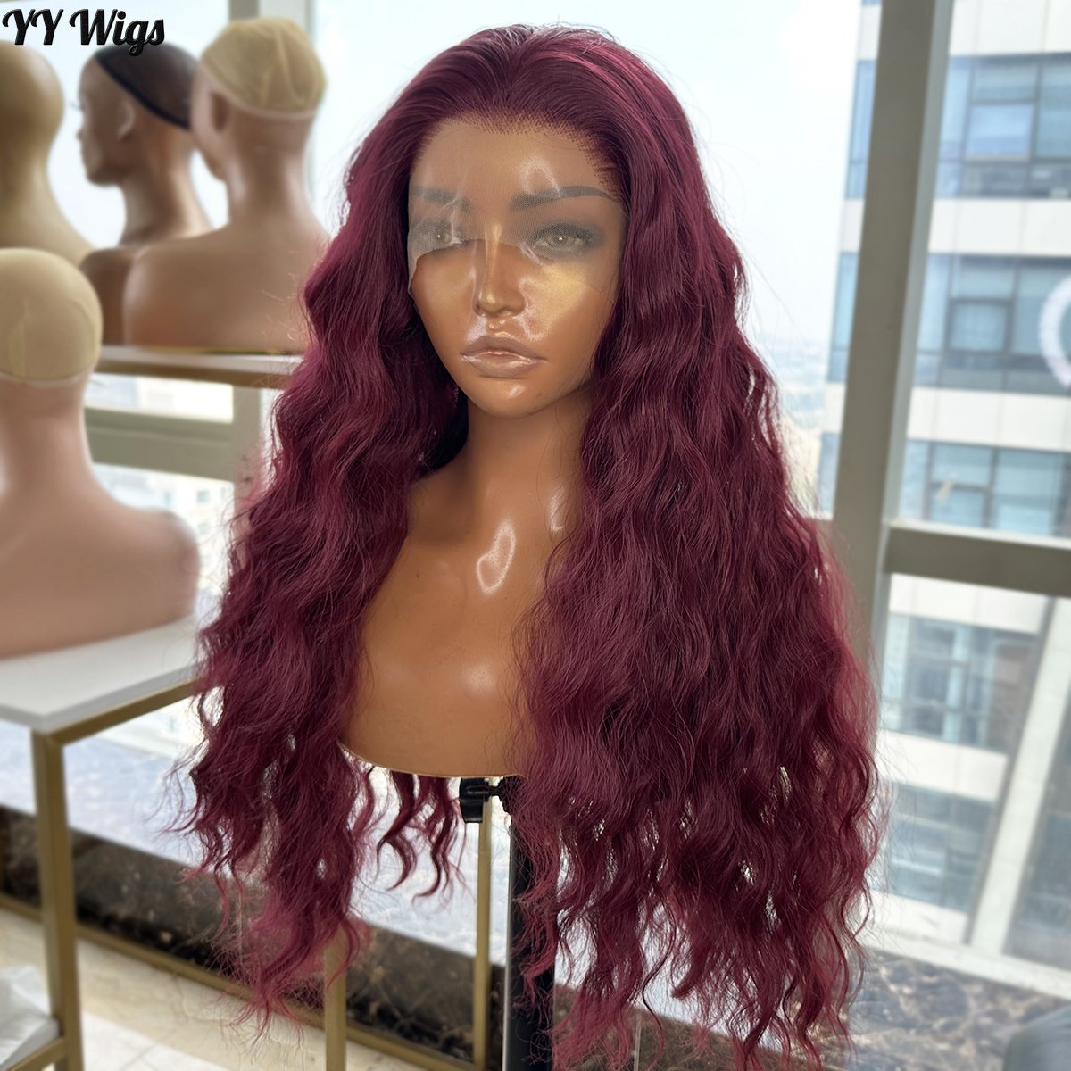39# Burgundy Futura Synthetic Glueless Lace Front Wig Long Loose Wave Heat Resistant Half Hand Tied Red Wigs for Black Women