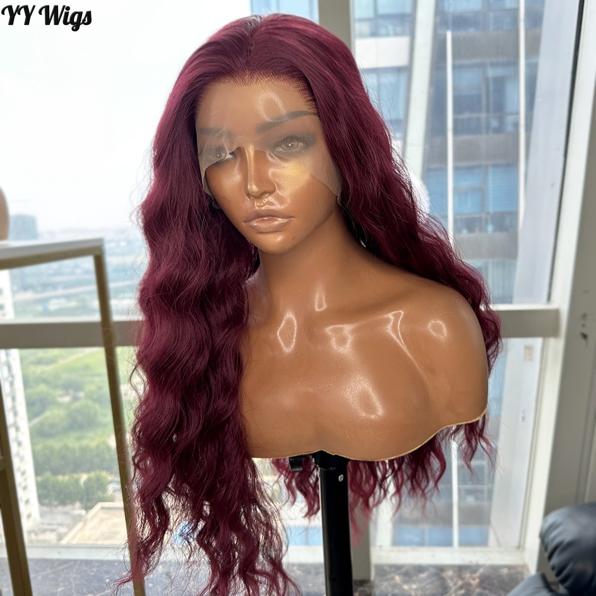 39# Burgundy Futura Synthetic Glueless Lace Front Wig Long Loose Wave Heat Resistant Half Hand Tied Red Wigs for Black Women