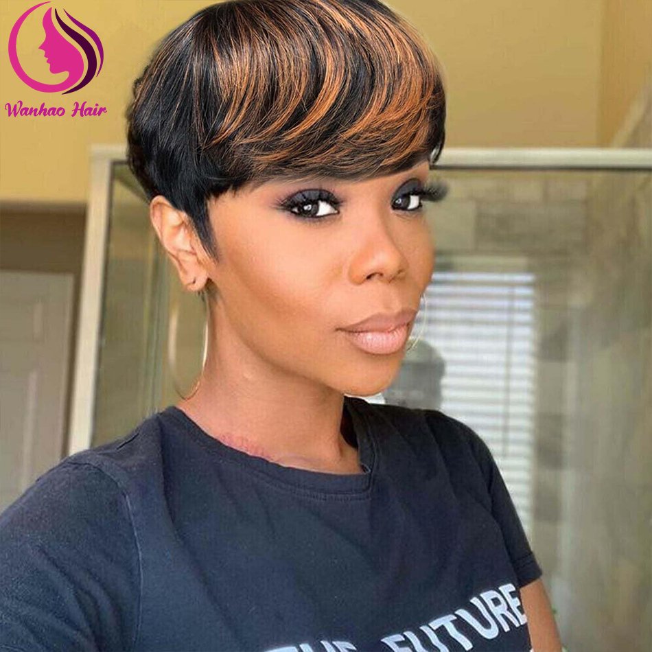 Short Human Hair Wigs for Black Women Glueless Pixie Wig Human Hair Black and Brown Color Wavy Wigs with Bangs