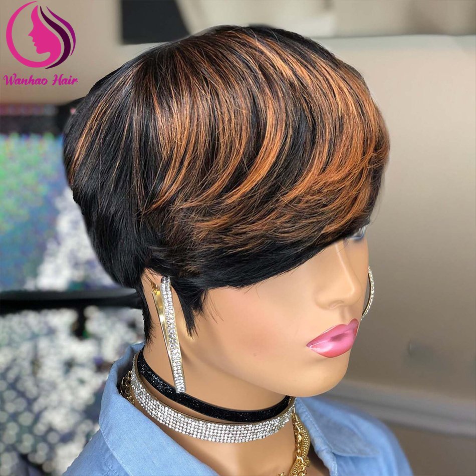 Short Human Hair Wigs for Black Women Glueless Pixie Wig Human Hair Black and Brown Color Wavy Wigs with Bangs