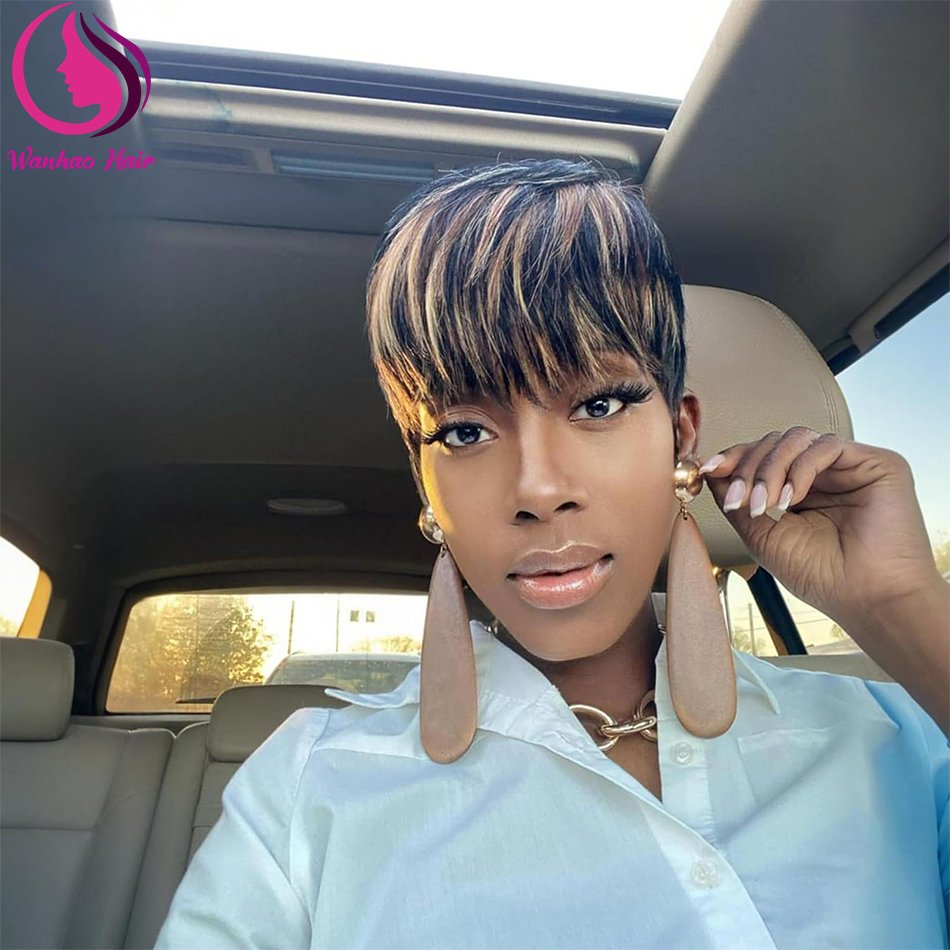 Short Human Hair Wigs for Black Women Glueless Pixie Wig Human Hair Black and Brown Color Wavy Wigs with Bangs