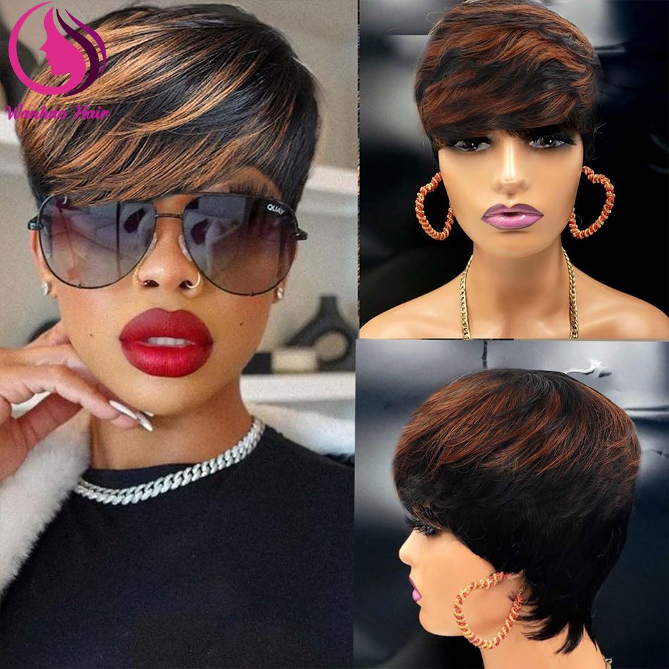 Short Human Hair Wigs for Black Women Glueless Pixie Wig Human Hair Black and Brown Color Wavy Wigs with Bangs