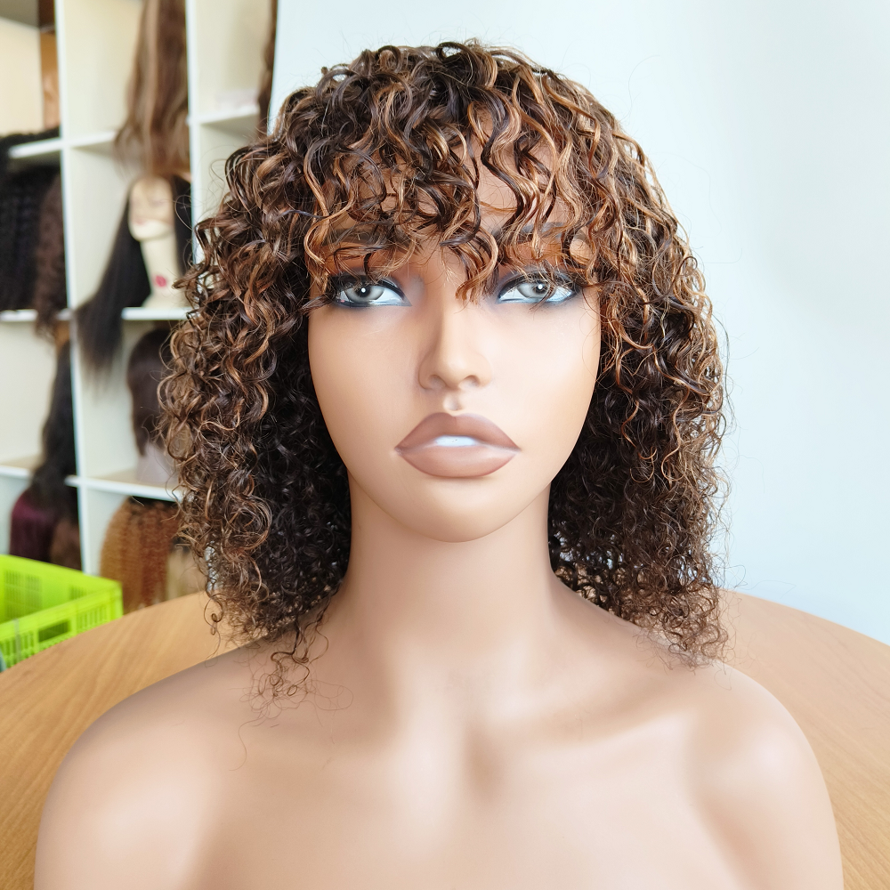 Highlight piano Colored Bob Curly Non lace Human Hair Wigs with Bangs Brazilian Wavy Curly Machine Made Wigs Human Hair Vendors