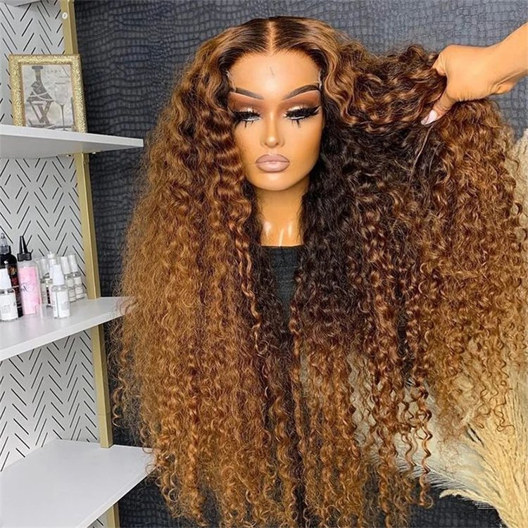 30 Inch 250 Density Highlight Honey Brown Curly Lace Front Human Hair Wigs,13x6 13x4 Ombre Colored Deep Wave Lace Frontal Wig