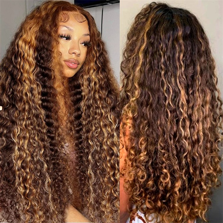 30 Inch 250 Density Highlight Honey Brown Curly Lace Front Human Hair Wigs,13x6 13x4 Ombre Colored Deep Wave Lace Frontal Wig