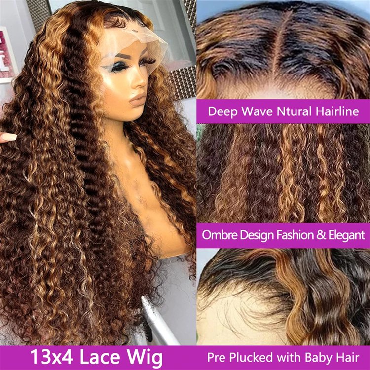 30 Inch 250 Density Highlight Honey Brown Curly Lace Front Human Hair Wigs,13x6 13x4 Ombre Colored Deep Wave Lace Frontal Wig