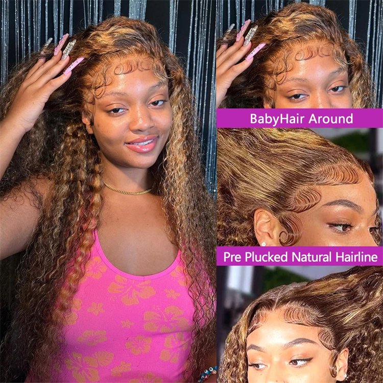 30 Inch 250 Density Highlight Honey Brown Curly Lace Front Human Hair Wigs,13x6 13x4 Ombre Colored Deep Wave Lace Frontal Wig
