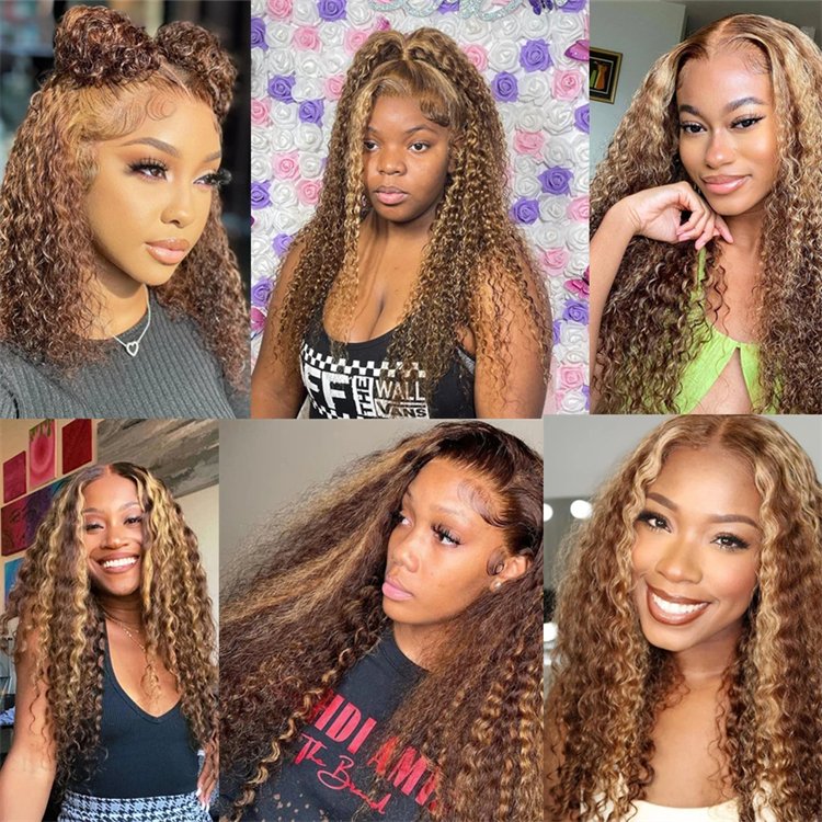 30 Inch 250 Density Highlight Honey Brown Curly Lace Front Human Hair Wigs,13x6 13x4 Ombre Colored Deep Wave Lace Frontal Wig