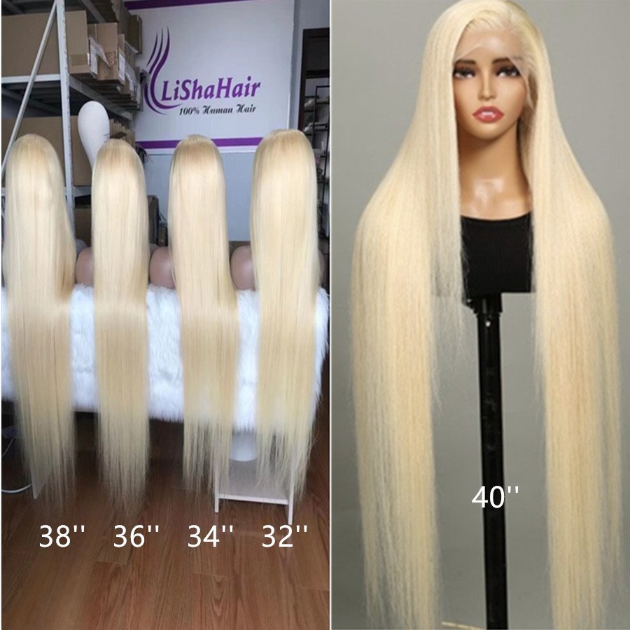 40inch long straight 613 platinum blonde human hair wigs lace front wig unit