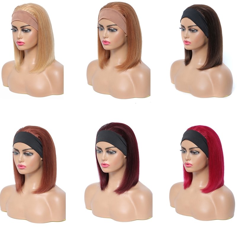 99j/burgundy Headband Wig Human Hair Wigs Bob Headbands Wigs Full Machine Made 100% Human Hair Brazilian Natural for Women Short