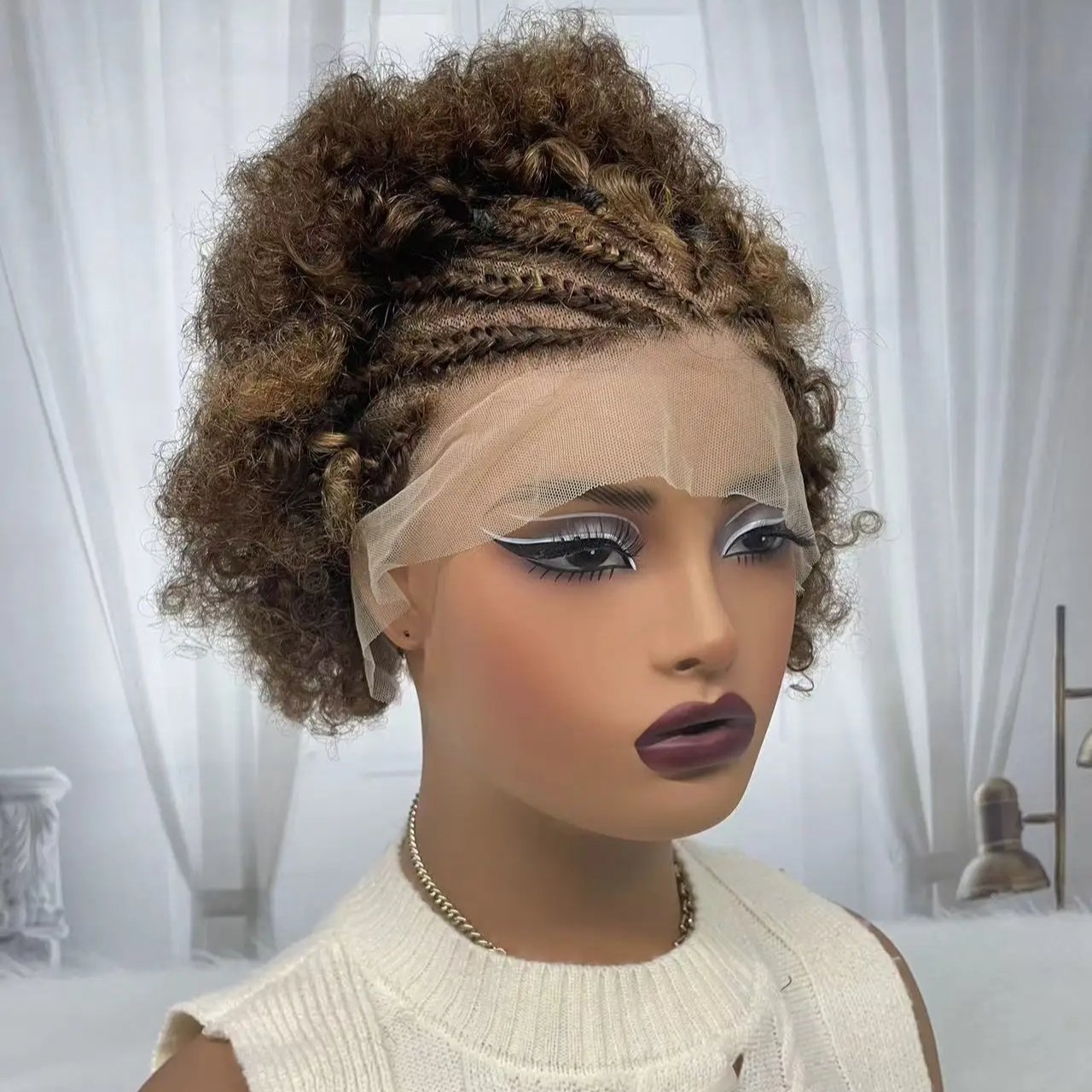 13x4 HD Transparent Lace Human Hair Wigs with Braids 10 inch 250% Density Short Bouncy Curly Afro Kinky Curly Bob Wig