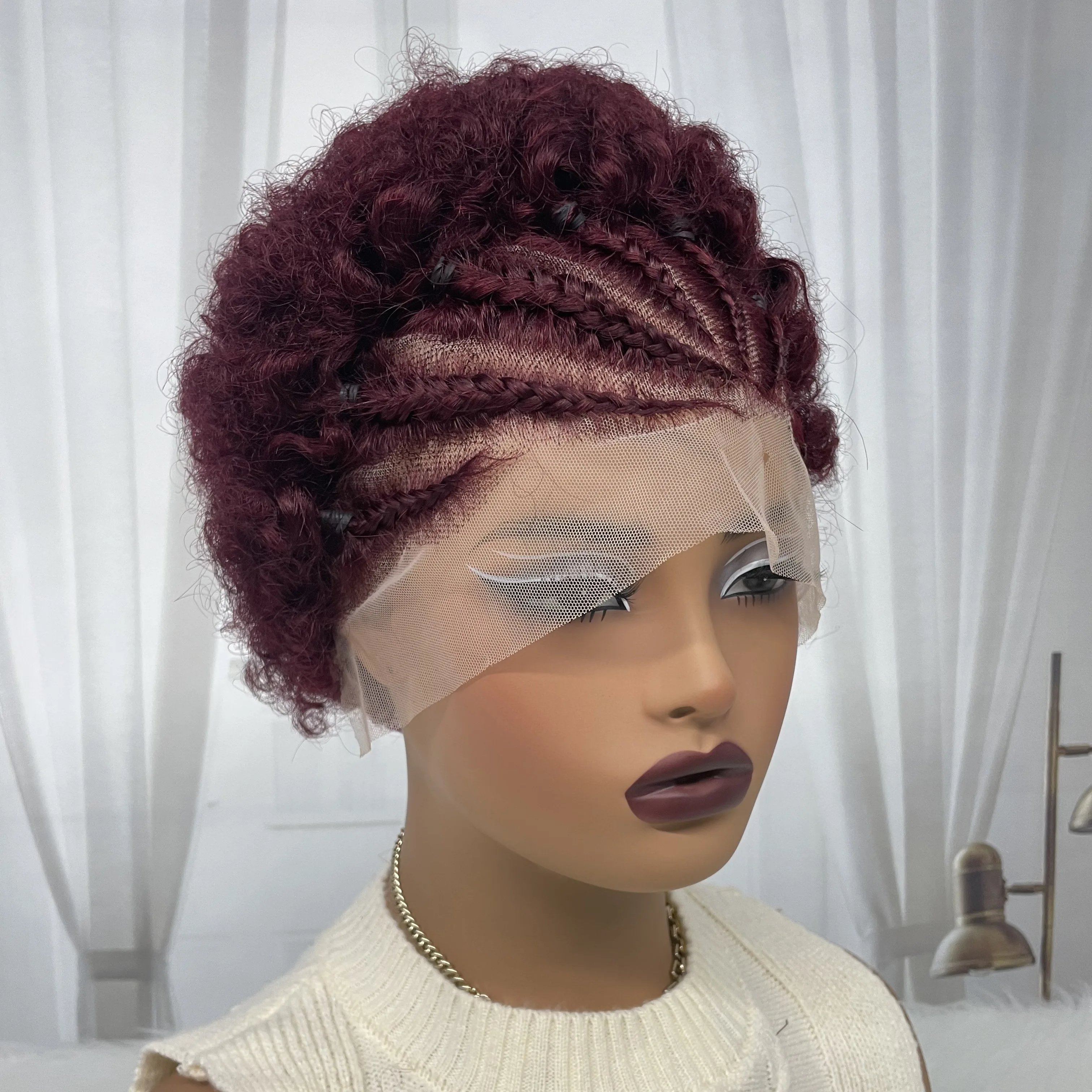 13x4 HD Transparent Lace Human Hair Wigs with Braids 10 inch 250% Density Short Bouncy Curly Afro Kinky Curly Bob Wig
