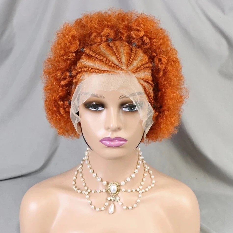 13x4 HD Transparent Lace Human Hair Wigs with Braids 10 inch 250% Density Short Bouncy Curly Afro Kinky Curly Bob Wig