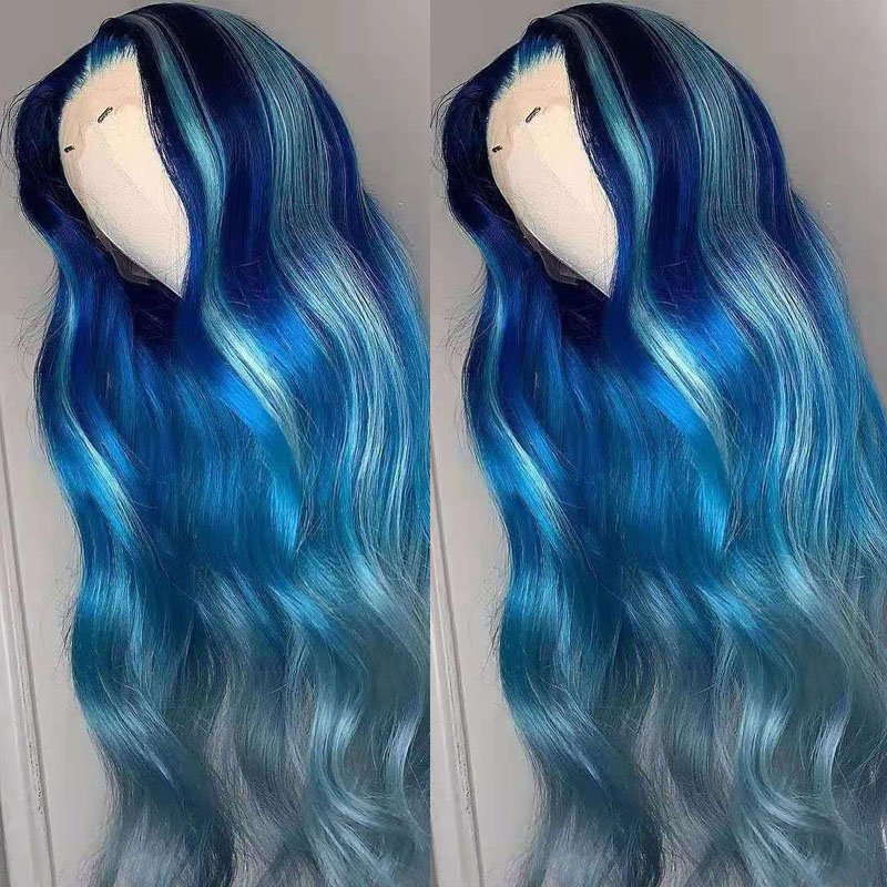 13x6 Lace Frontal Wigs Highlight Blue/Green Colored Human Hair Wigs Natural Hairline Brazilian Virgin Hair Wigs for Woman