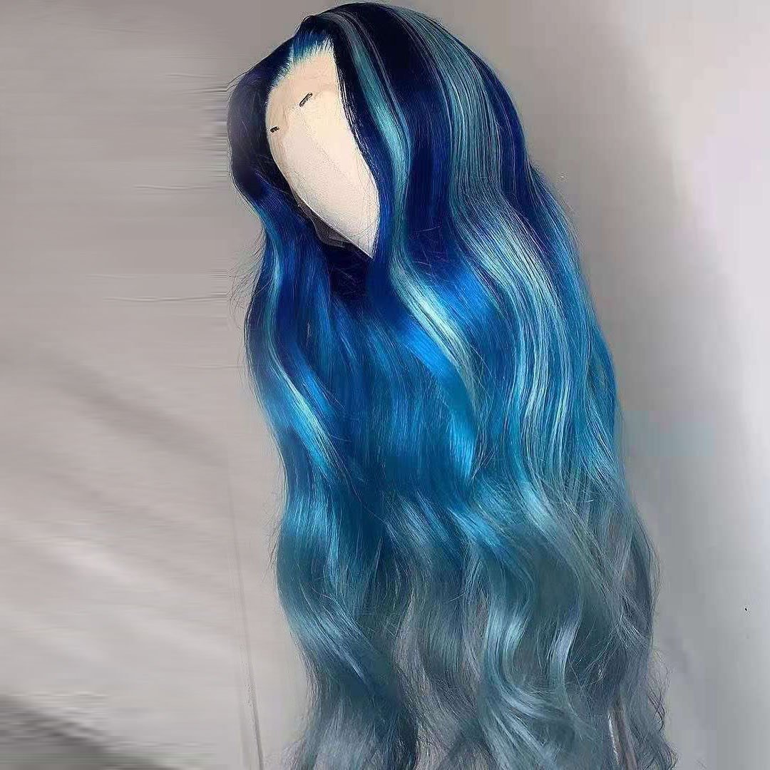 13x6 Lace Frontal Wigs Highlight Blue/Green Colored Human Hair Wigs Natural Hairline Brazilian Virgin Hair Wigs for Woman