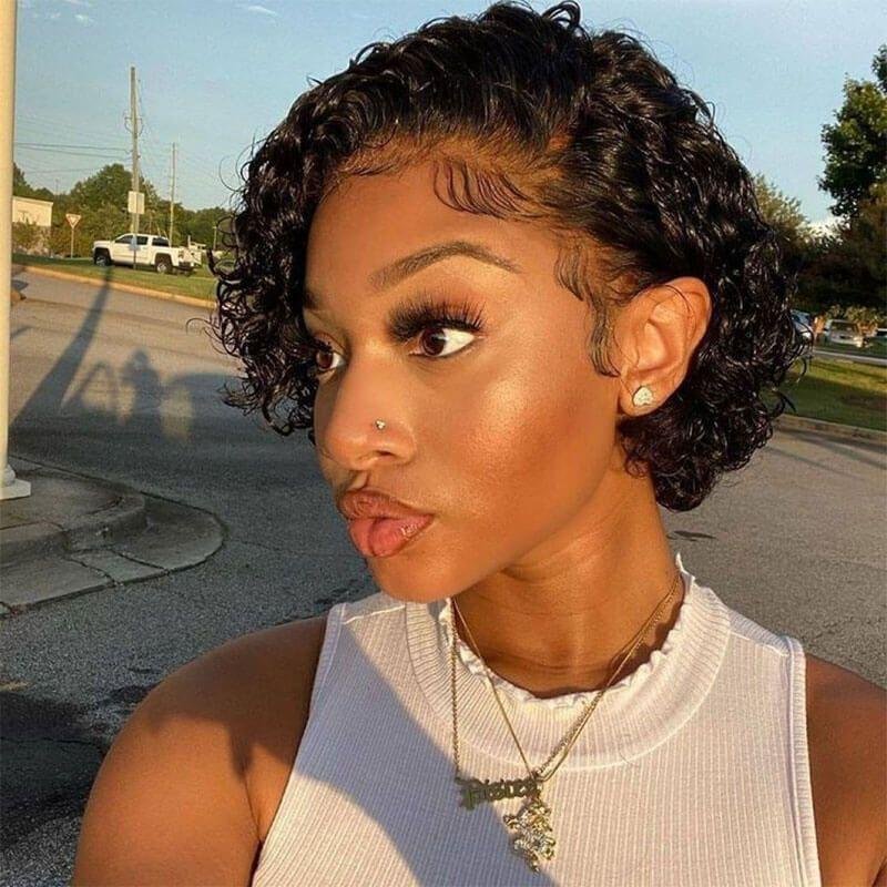 Short Pixie Cut Curly Human Hair Wigs Natural Black Cheap Lace Wig Mink Brazilian Human Hair Vendor