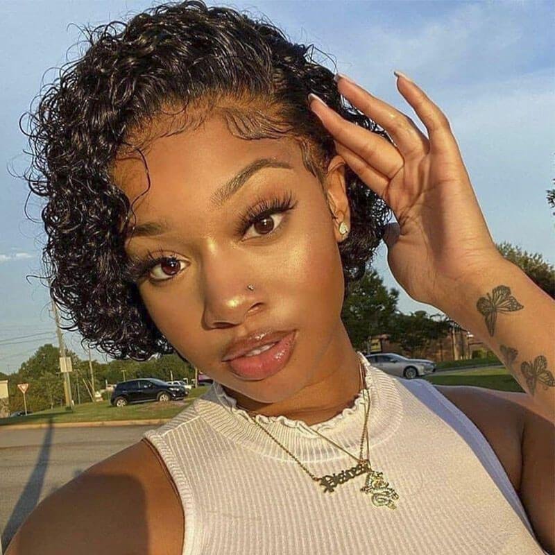 Short Pixie Cut Curly Human Hair Wigs Natural Black Cheap Lace Wig Mink Brazilian Human Hair Vendor